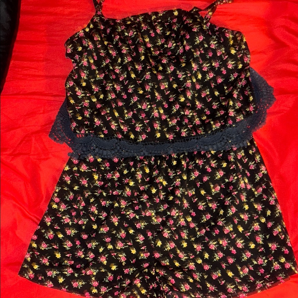 Floral Black Romper with Pink and Yellow Accents